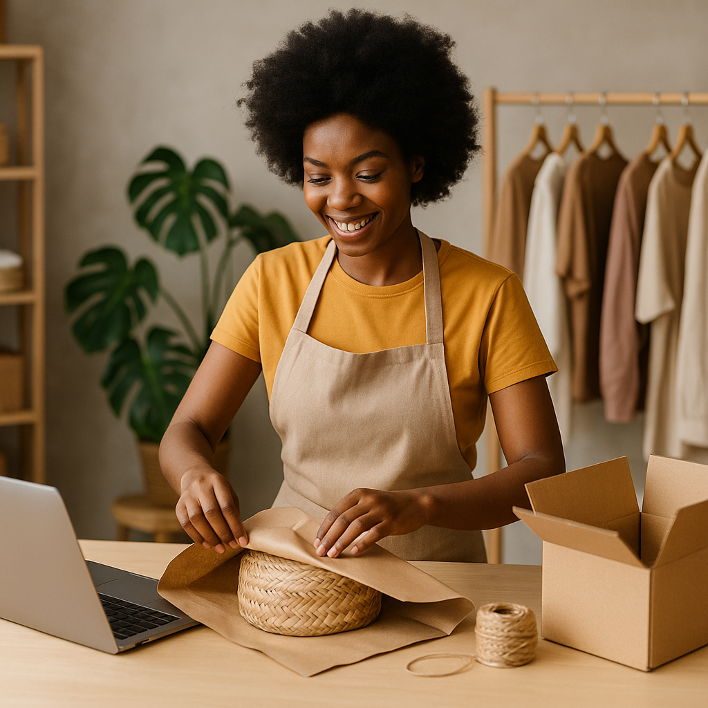 Jeune femme emballant des articles vendus sur Effi-market.com