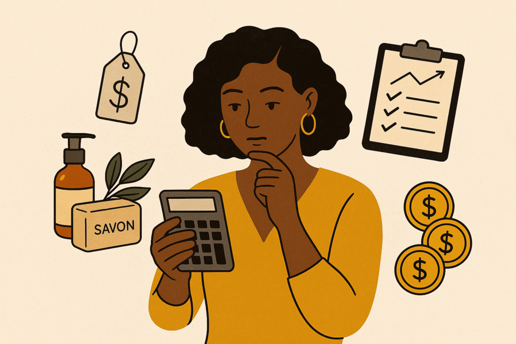 Illustration Effimarket article pricing : une femme tenant une calculatrice pour fixer ses prix