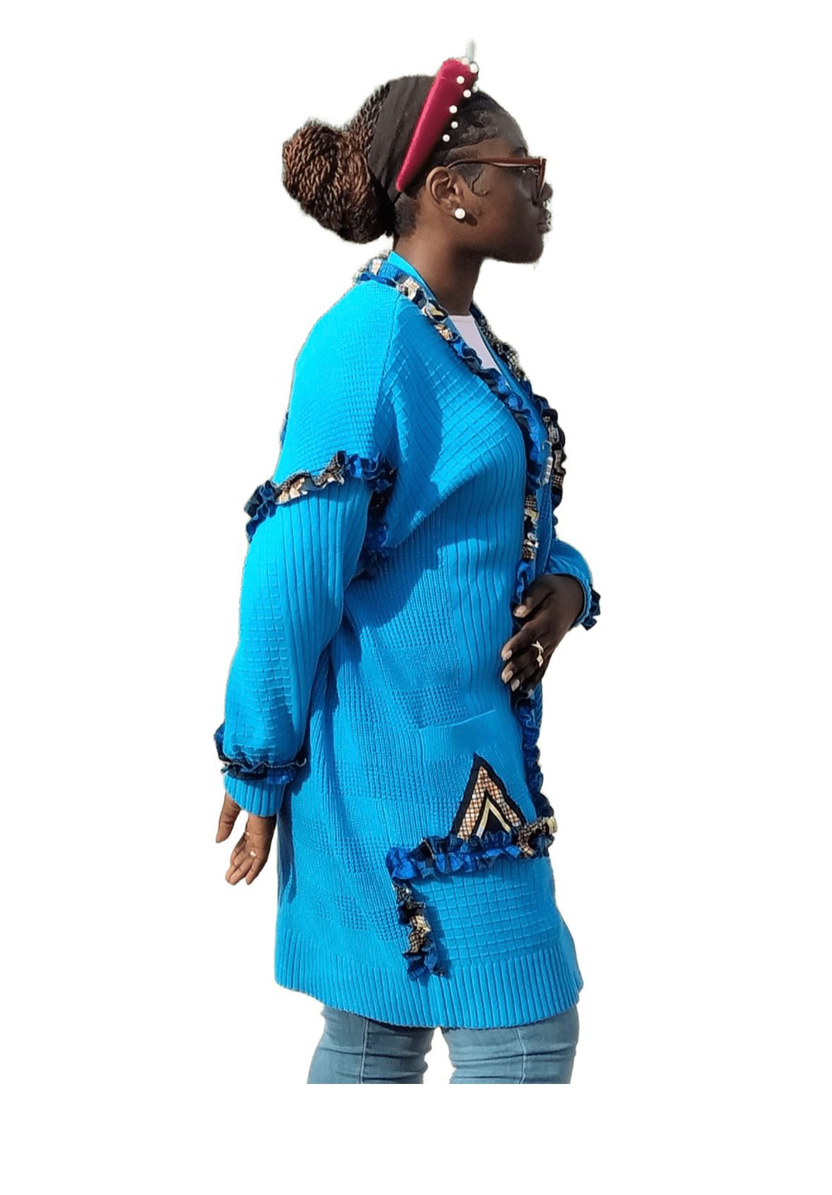 Cardigan bleu customisé avec frise en pagne taille XL – Image 3