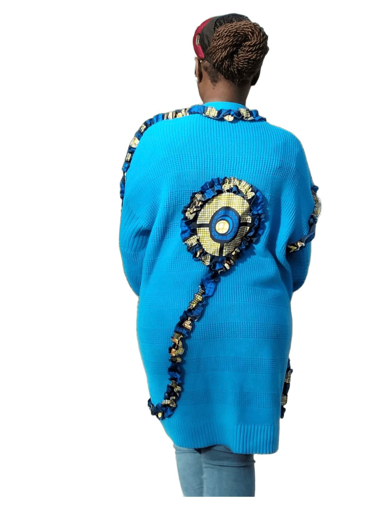 Cardigan bleu customisé avec frise en pagne taille XL – Image 4