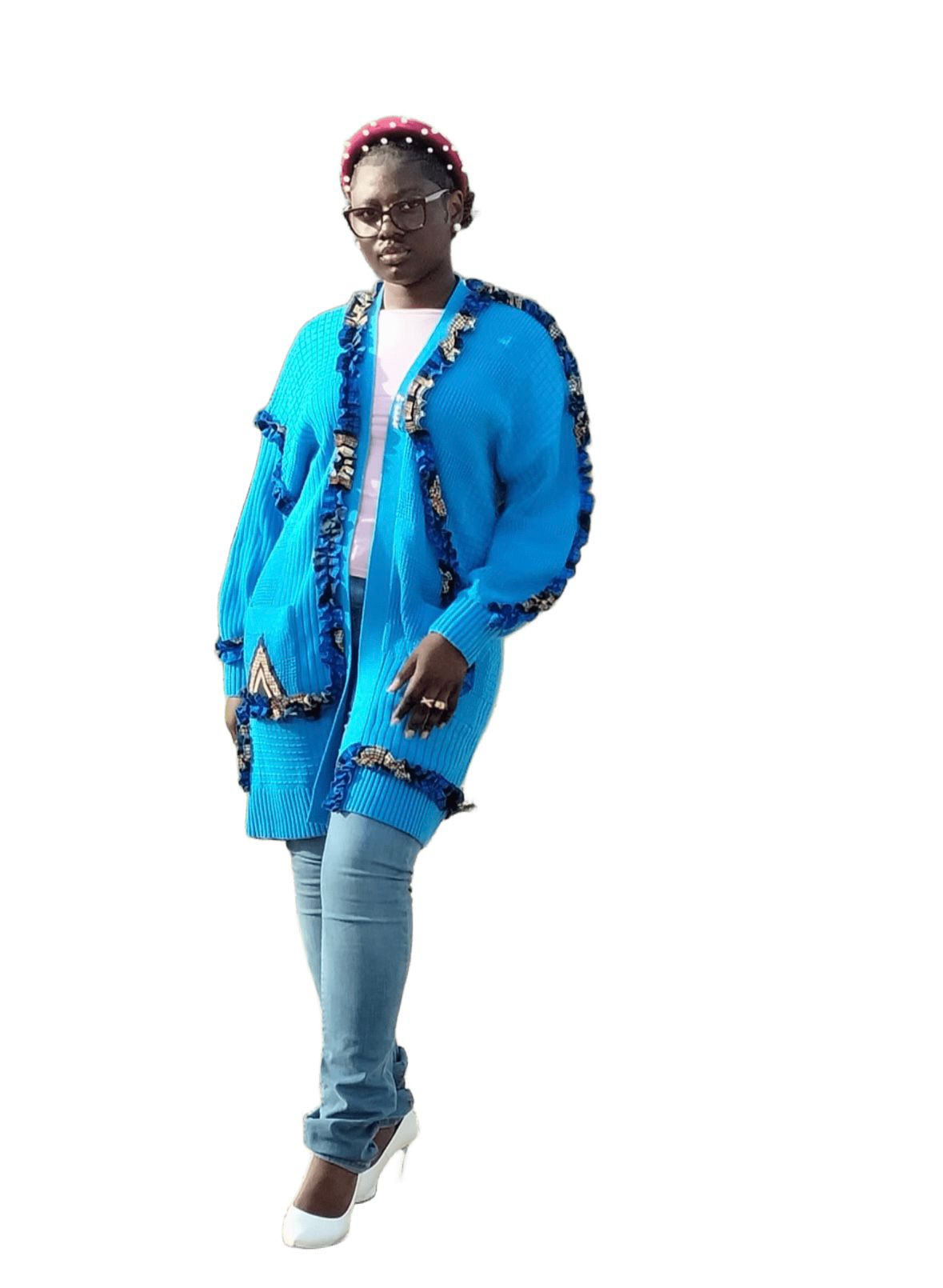 Cardigan bleu customisé avec frise en pagne taille XL